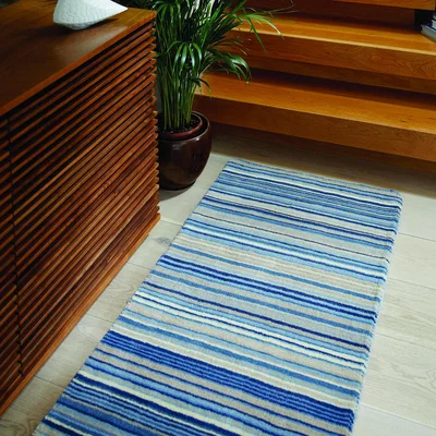 The Rug Seller Fine Stripes Modern Wool Hallway Runner in Blue&nbsp;67x200cm