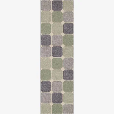 The Rug Seller Portland 172 G Geometric Block Runner Rugs in Green Grey Cream