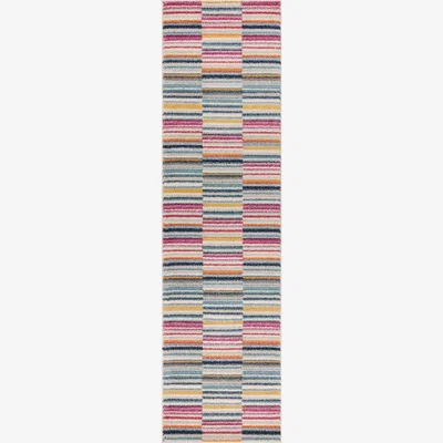 The Rug Seller Muse MU06 Geometric Striped Woven Runner Rugs in Pink Multi