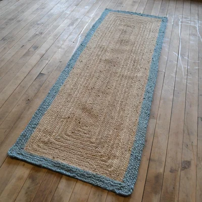 The Rug Seller Jute Bordered Natural Fabric Hallway Runner in Duck Egg Blue