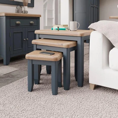 Chiltern Oak Furniture Wessex Smoked Oak Blue Painted Nest of 3 Tables