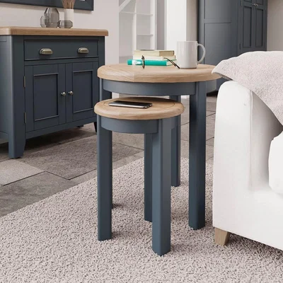 Chiltern Oak Furniture Wessex Smoked Oak Blue Painted Round Nest of Tables