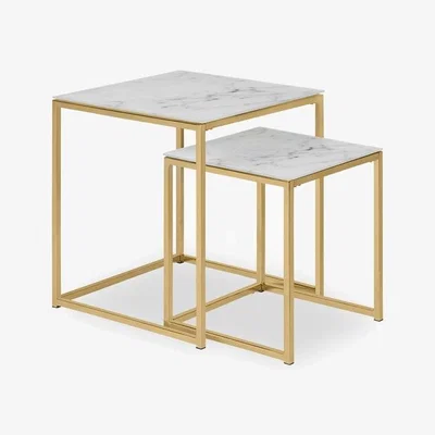 Cult Furniture £20 Off Alisma Set of 2 Nesting Side Tables, White Marbled Glass & Brass