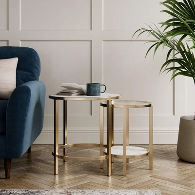 Dunelm Sofia Faux Marble Top Nest of Tables, Gold
