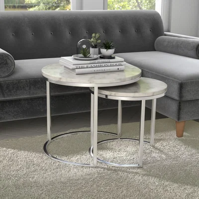 Furniture123 Large White Marble Nesting Tables with Silver Base - Set of 2 - Martina