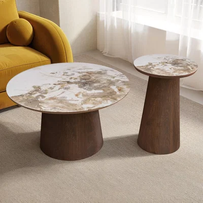 Furniture123 Neutral Round Ceramic Nest of 2 Tables with Walnut Pedestal Bases - Malia