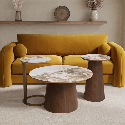 Furniture123 Round Neutral Ceramic Nest of 3 Tables with Walnut and Brass Bases - Malia