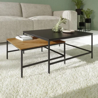 Furniture123 Square Oak and Black Nest of 2 Coffee Tables - Telsa