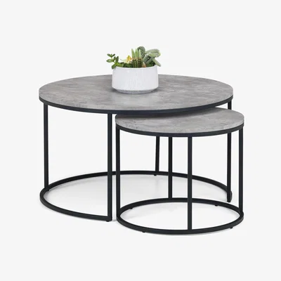 Furniture123 Staten Round Nest of 2 Coffee Tables in Faux Concrete & Black Metal - Julian Bowen
