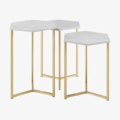 Furniture123 White Marble Hexagon Nest of 3 Tables with Gold Base - Foster