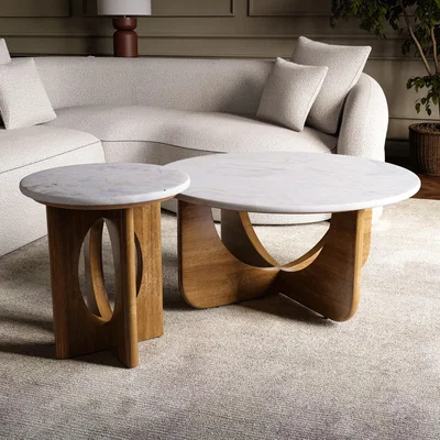Furniture123 Round Marble and Mango Wood Nest of 2 Tables - Ivan