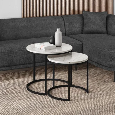Furniture123 Round White Marble Nest of Coffee Tables - Martina