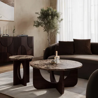 Furniture123 Round Brown Marble and Walnut Nest of 2 Tables - Ivan
