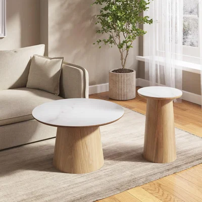 Furniture123 Round Oak and White Marble Effect Nest of 2 Tables - Malia