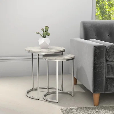 Furniture123 White Marble Nesting Tables with Silver Base - Set of 2 - Martina