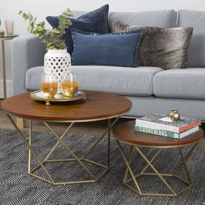 Furniture123 Foster Brown Wood Effect Nest of 2 Tables with Gold Base
