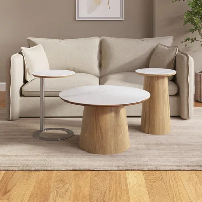 Furniture123 Round Oak and White Marble Effect Nest of 3 Tables - Malia
