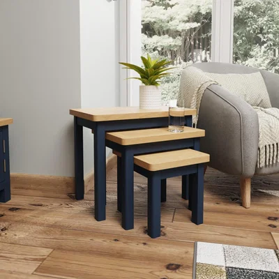 Knees Ruskin Oak Nest of 3 Tables - Blue