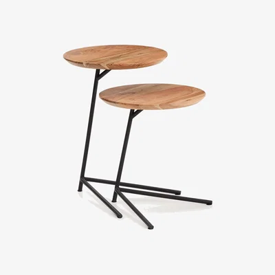 Kave Home Vintara set of 2 nesting side tables in solid acacia wood with bleached finish and black steel legs Ø40cm
