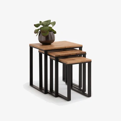 La Redoute Set of 3 Hiba Solid Oak & Steel Nesting Tables