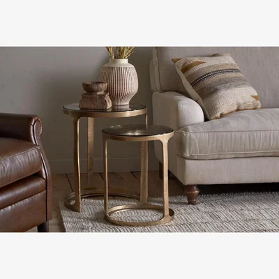 Nkuku nkuku Khidki Cast Metal & Glass Nesting Side Tables Set Of 2 | Tables | Antique Brass