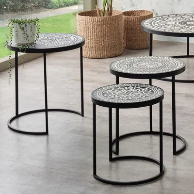 Pagazzi Antique Black and Cream Wood and Iron Nest of Tables