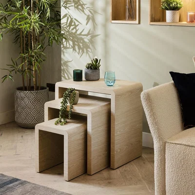 Quatropi Modern Set of 3 Nesting Side Lamp Tables Nest of Tables Natural Oak 60cm