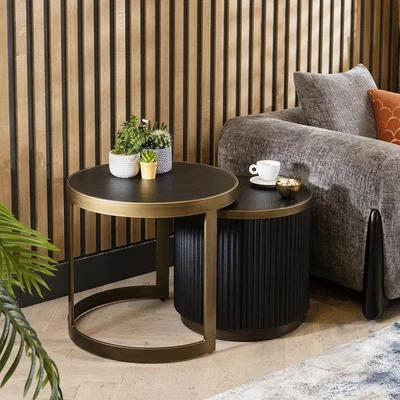 Quatropi ExDisplay Dorian Round Nesting Side Table Set Black Oak & Brass 60cm
