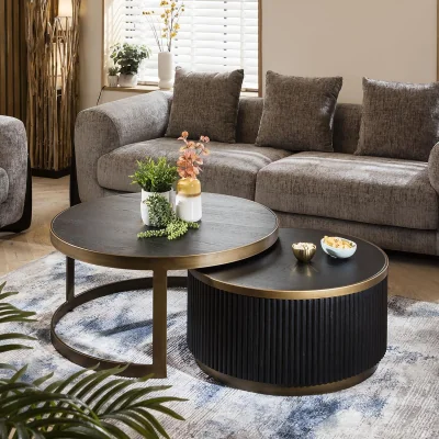 Quatropi Premium Round Nest of Tables Coffee Table Black Oak Brass Metal