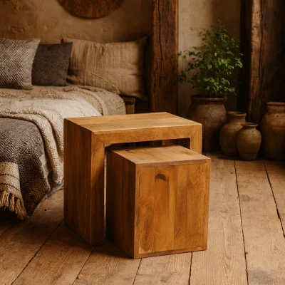 The Range Manila Set of 2 Light Mango Wood Cube Nesting Tables Matt Finish - Brown