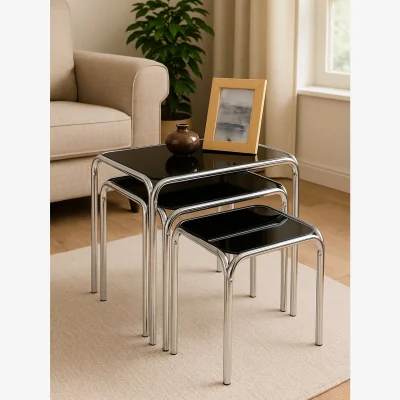 The Range Jordan Set Of Three Black Glass Nest Of Tables - Black, Silver