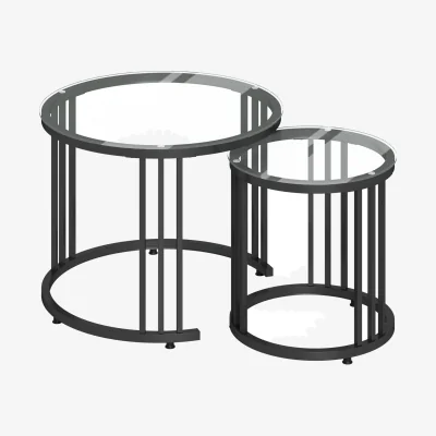 The Range Kane Set of 2 Black Round Nesting Tables, Metal Frame with Tempered Glass Tops