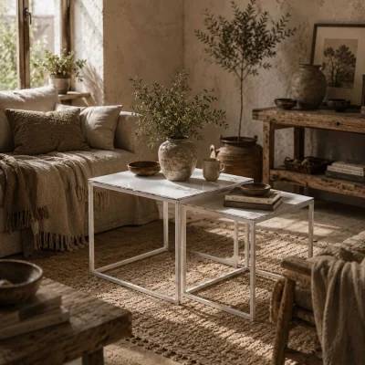 The Range Lenoni Metal and Glass White Set of 2 Nesting Tables with Tempered Glass Tops