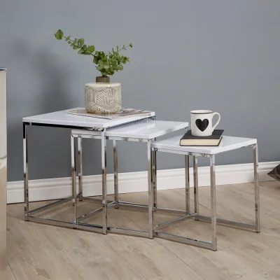 The Range Fulton Matte White Nest Of 3 Tables With Chrome Frame - Silver, White