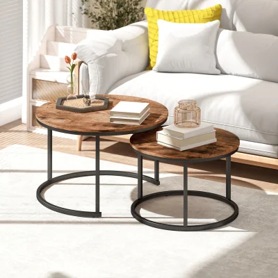 The Range Marble Coffee Table Set of 2 Round Nest of Tables - Rustic Brown