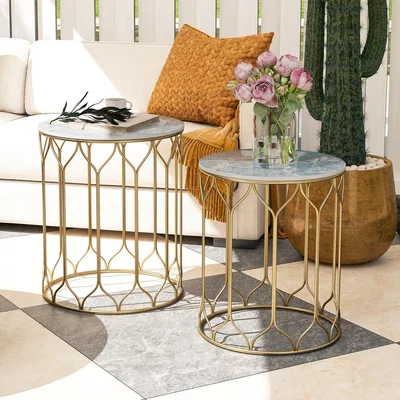 The Range Outsunny Nesting Garden Side Tables with Marble Effect Top