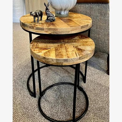 The Range Round Nest Of Two Tables - Mango Wood Top, Black Frame