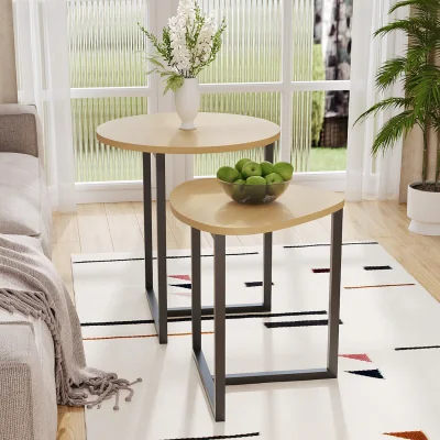 The Range Round and Triangular Nesting Table Set - Wood Colour