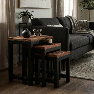 The Range Artisan Set of Three Acacia Wood and Metal Nesting Tables - Natural