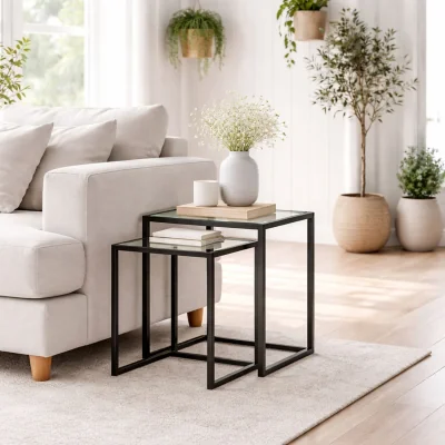 The Range Riraro Set of 2 Black Nesting Side Tables with Glass Tops