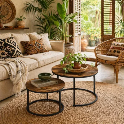 The Range Kefa Dimi Set of 2 Rustic Brown Wood-Effect Nesting Tables