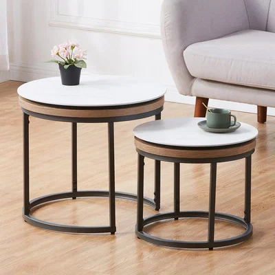 The Range Stonova Round Stone Nesting Side Tables - Set of 2 - Snowy Light Grey