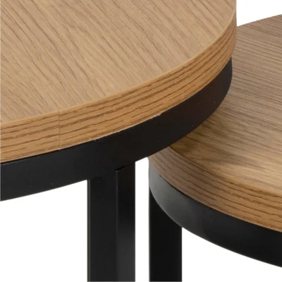 The Range Odense Round Nesting Tables - Wild Oak Effect Tops with Black Steel Hairpin Legs - Natural