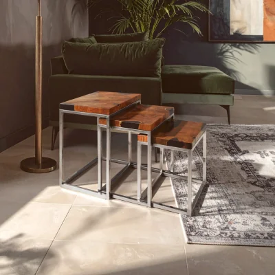 The Range Surak Set Of 3 Teak Wood Nesting Tables - Black, Silver, Natural