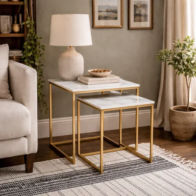 The Range Vodskov Nesting Side Tables Set of 2 Marble Effect Tops Gold Hairpin Legs - White