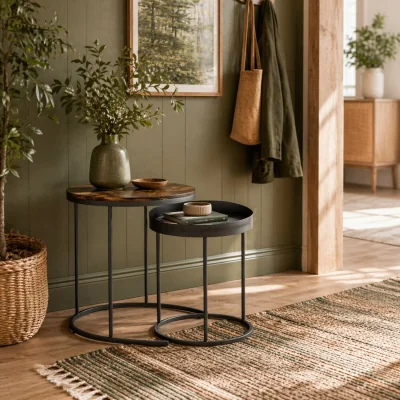 The Range Renovi Set of 2 Industrial Metal and Wood Nesting Tables, Rustic Brown and Black