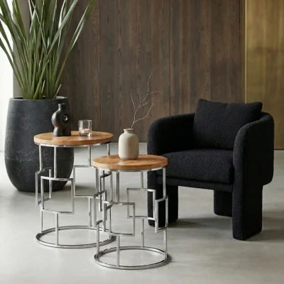 The Range Agra Set Of 2 Mango Wood and Metal Base Nesting Tables - Silver, Brown