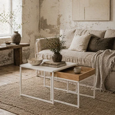 The Range Sarela Set of 2 Boxy Nesting Tables - White and Wood-Effect