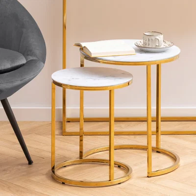 The Range Alisma Nest of 2 Tables with White Marble Glass & Gold Base - White Marble & Gold