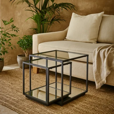The Range Sant Antonio Set of 2 Nesting Side Tables with Clear Glass Tops Matt Metal Frames - Black